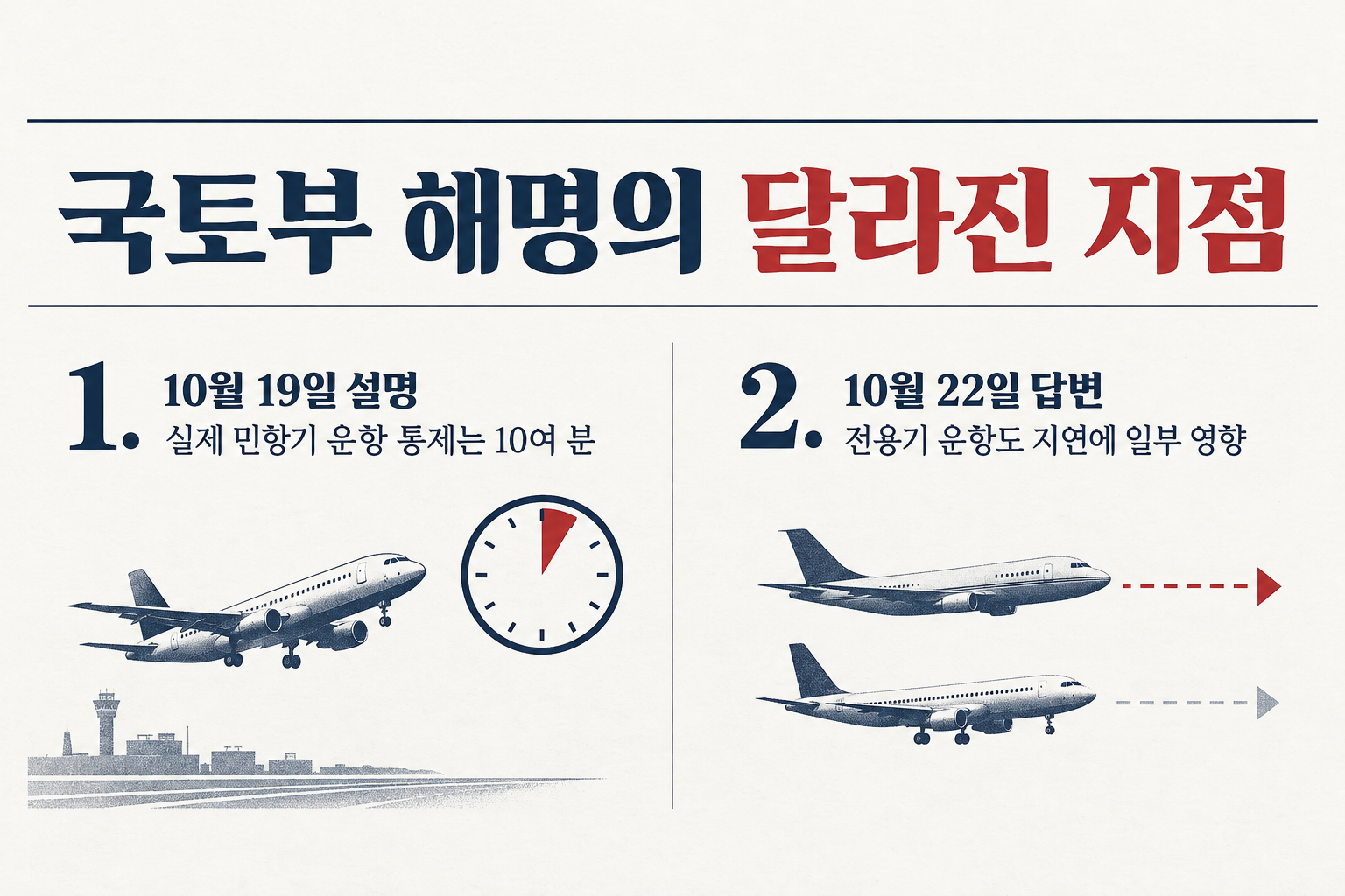 국토부는 19일 실제 통제 시간이 짧다고 설명했고, 22일에는 전용기 운항의 일부 영향을 인정했습니다. (자료: TJB)
