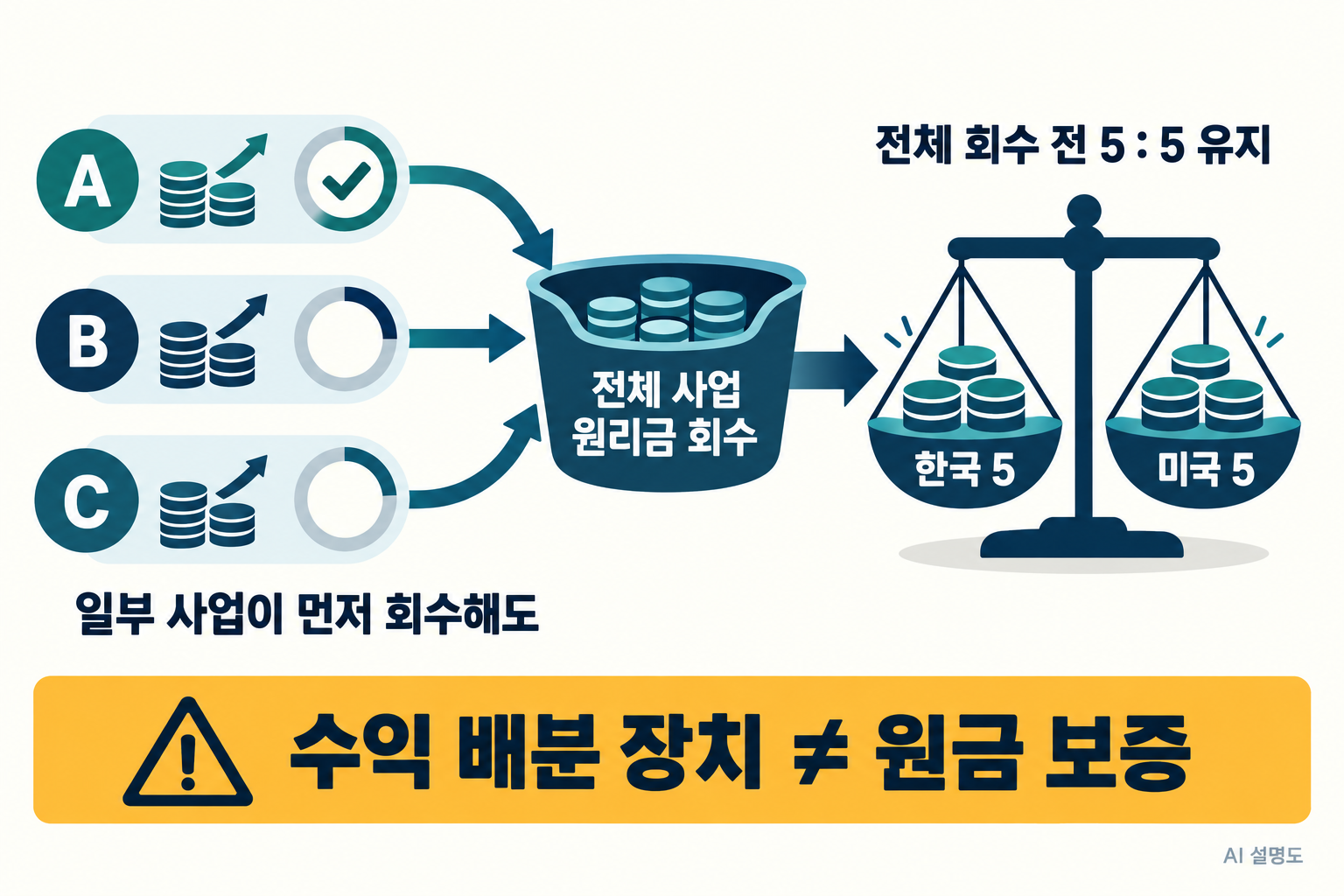 설명 이미지 · 전체 사업 원리금 회수 전에는 5대5 수익 배분을 유지합니다. A·B·C는 구조 설명용 예시이며 실제 사업의 회수 실적이 아닙니다. [1]